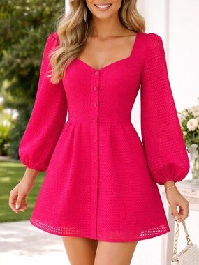New York & Company Hot Pink Button Dress Puffed Long Sleeve Size XS